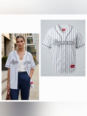 Supreme White & Black Pinstripe Baseball Jersey